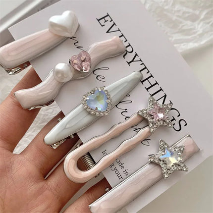 5pcs/set Pink Shiny Rhinestone Hair Clips for Girl Cute Heart Sided Clips Bangs Clips Sweet Headwear Hair Accessory