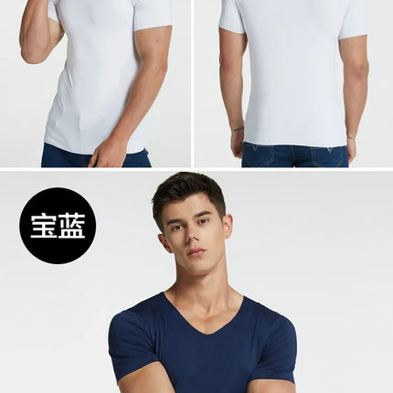 4Pcs Summer Ice Silk Men T-Shirt Vest Men's No Trace Sports Short Sleeve T-shirt Solid V-neck Tees Quick Dry Shirt Tops Fitness