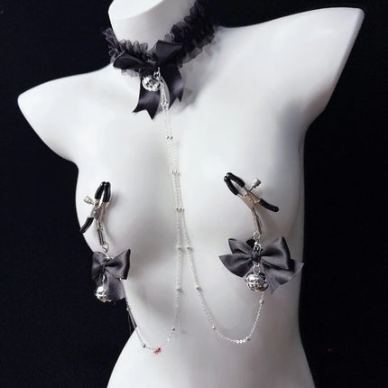 Black Lace Nipple Clamps Bell-Adorned Bow Collar SM Set Leash Training Sexy Accessories for Women Fetish Adult Sex Toys 18+