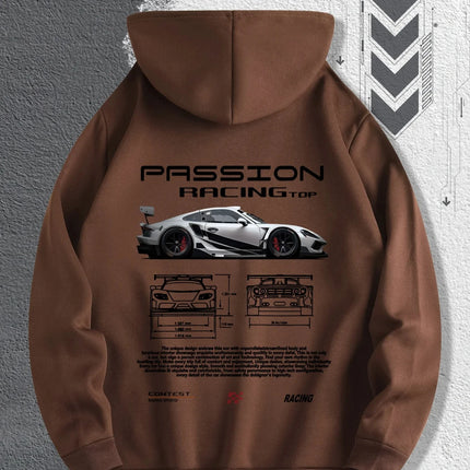 Men'S Passionate Racing Graphic Hoodie Featuring Race Cars and Sports Car Illustrations, Perfect for Everyday Wear