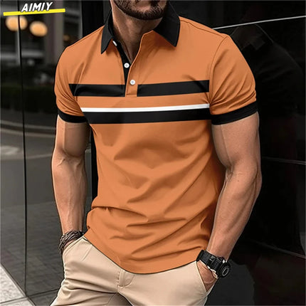 Men's Golf Stripe Polo Shirt Casual Short-Sleeve Solid Color Lapel Fashion New Business Sports Breathable T-Shirt Top