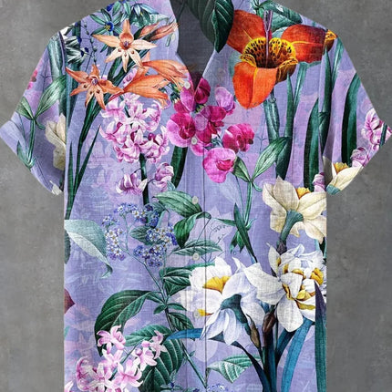 Men's Short Sleeve Shirt Hawaiian Plant Print Flap-Collar Beachfront Button Shirt Casual Top Fashion Shirt