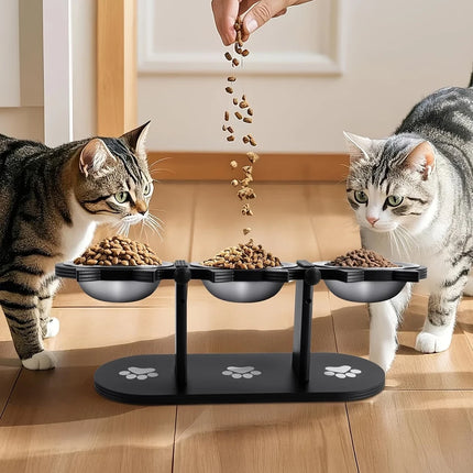 Elevated Black Cat Ear 3 Bowl Cat Feeder Solid Wood Frame and Stainless Steel Bowls Pet Feeding Rack for Indoor Multiple  Cats