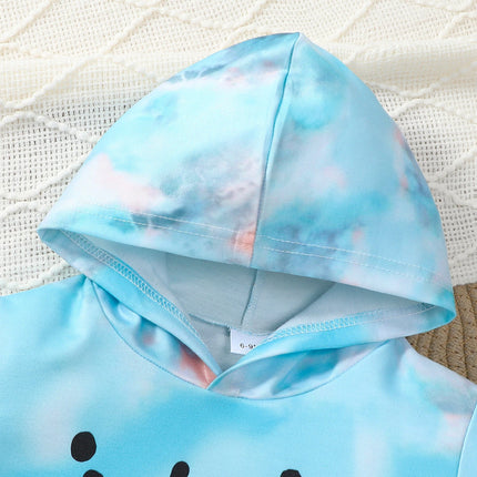 2-piece set of fashionable casual letter printed tie dye hooded long sleeved top and pants for baby boys, autumn and winter