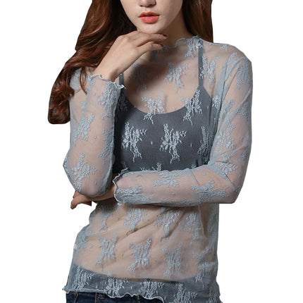 Korea Style Mesh T Shirt Lace Flower under Shirt Long sleeve transparent Tshirt Sexy Black Lace See through Mesh Tee Tops Women