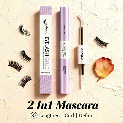 2 in 1 Mascara Waterproof Long-Lasting Makeup Eyelash Glue Smudge Proof Volumizing Curl Mascara Natural Eyelash Shaping Cosmetic