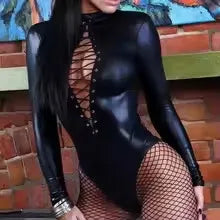 Sexy Women's Wet PU Leather Bodysuit Babydoll Cosplay Costume Lingerie Set with Open Bra Garters And Headwear Fantasy