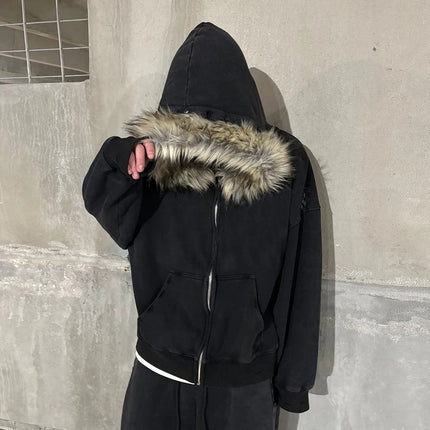 Fluffy Hat Hoodie Solid Color Casual Long Sleeve Hoodie Retro Coat Street Trend Y2K