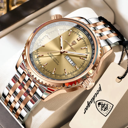 POEDAGAR Fashion Watches For Man Stainless Steel Date Week Quartz Men Clock Waterproof Luminous Luxury Military Men's Wristwatch