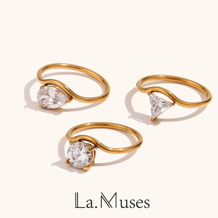 La. Muses Sparkling Luxury Water Drop Shaped Cubic Zirconia Stainless Steel Women's Ring 18K Gold Plated Waterproof Jewelry Gift