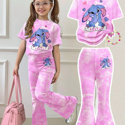 Kids Girls Stitch Cartoon Print 2Pcs Outfit Short Sleeve Floral T-Shirt + Blue Flare Pants Soft Casual Daily Wear Children Set