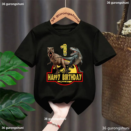 1st/2nd/3rd/4th/5th/6th/7th/8th/9th/10th Happy Birthday Jurassic World Printed Tshirt Girls/Boys Black Dinosaur Kids Clothes