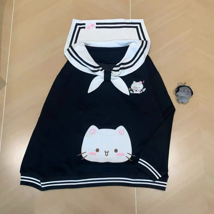 Japanese Cartoon Embroidery Women Hoddies Preppy Style Sailor Collar Autumn Hoody Jacket Y2k Aesthetic Grunge Pocket Sweatshirt