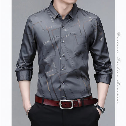 Men's Casual and Fashionable Long Sleeved Printed Shirt, Non-Iron and Wrinkle Resistant Business Top