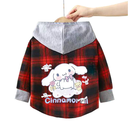 Spring and Autumn Children's Sanrio Cinnamoroll Shirts 1-12 Year Girls Checkered Hooded Blouse Fashion Cartoon Shirt Sweater
