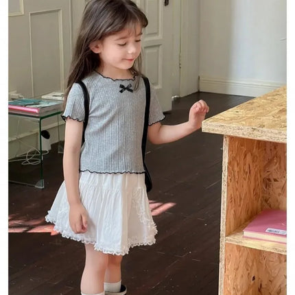 Girls' 1-12Y Korean-Style Knitted Lace-Trimmed Short-Sleeve Summer Ruched Tops: Trendy, Breathable, Bow Tie, Versatile Tee