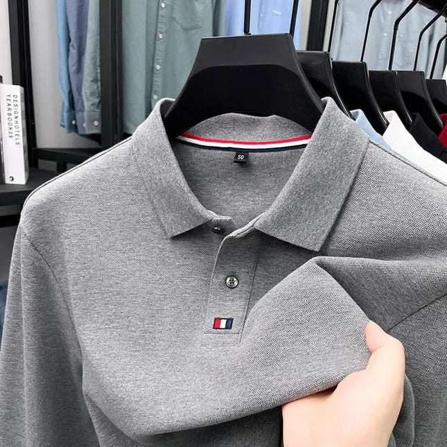 Men's turn-down collar T-shirt, long-sleeved, autumn business style, 100% cotton, casual Polo shirt, men's top, Polo shirt