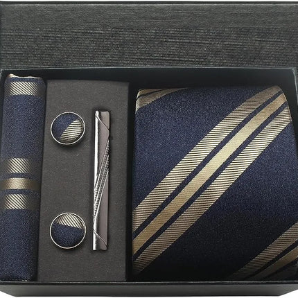 Classic 100% Silk Men's Ties In Gift box 8cm Plaid Dot Striped Business Necktie Handkerchief Cufflinks Wedding Party Tie Set