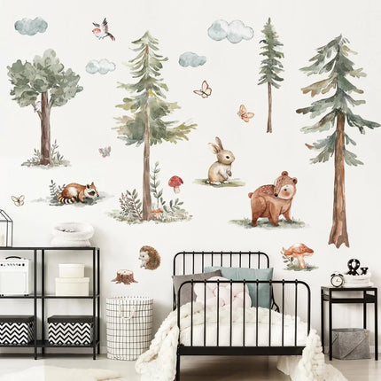 Forest Animals Wall Stickers Cartoon Fox Hedgehog Pine Tree Vinyl Decals for Children's Room Baby Bedroom Home Wall Decoration