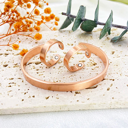 Set Pure Copper Bracelets and Rings for Women Men Simple Cuff Magnetic Bangles Arthritis Health Solid Copper Jewelry