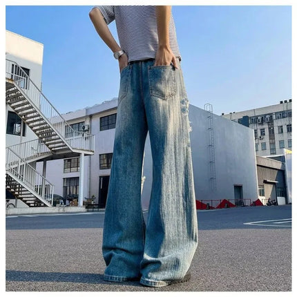 Vintage Distressed Wide Leg Men Jeans Korean High Waist Slim Loose Hanging Straight Long Man Pants Summer