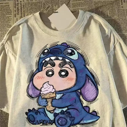 2025 Summer Crayon Shin-chan Cartoon Character Women's Fashion T-shirt Harajuku Pattern Printed Women's Casual Top Clothing