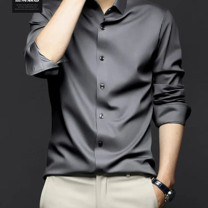 6XL Men Shirt Long Sleeve Slim Fit Luxury Smooth Soft Anti-wrinkle Non-ironing Solid Color Ice Silk Shirts Men Long Sleeve
