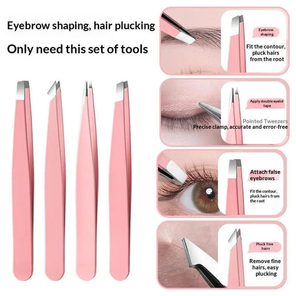 4Pcs Colorful Stainless Steel Tweezer Set For Women Men Eyebrows Eyelashes Grooming Precision Tweezers With Storage Bag