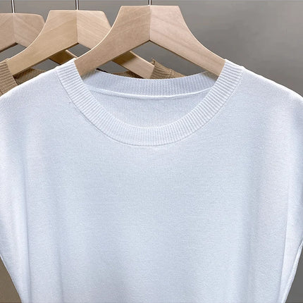 Ice Silk Knitted Top Women's Summer Thin Shoulder Drop Round Neck Short Sleeve T-shirt Pure Color Commute Style Outerwear