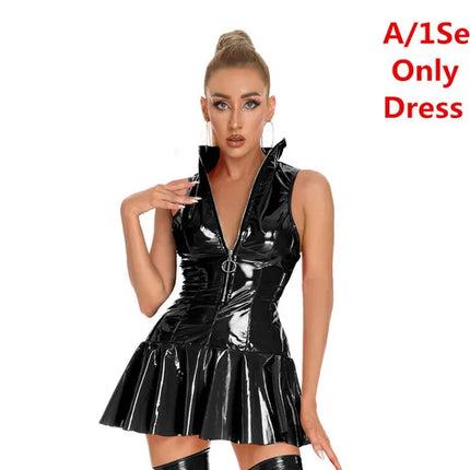 Women Sexy Glossy PVC Leather Slip Dress Lady Erotic Shaping Pleated Short Dress Zipper Porn Breast Exposing Latex Mini Dress
