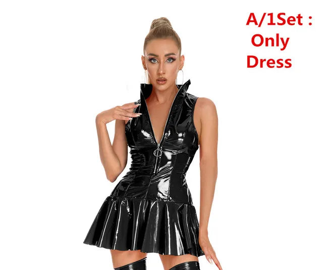 Women Sexy Glossy PVC Leather Slip Dress Lady Erotic Shaping Pleated Short Dress Zipper Porn Breast Exposing Latex Mini Dress
