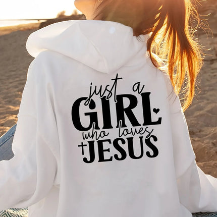 Just a Who Loves Jesus Hooded Pullover with Alphabet Print Long Sleeves Kangaroo Pocket Casual Sweatshirt for Women Minimalist