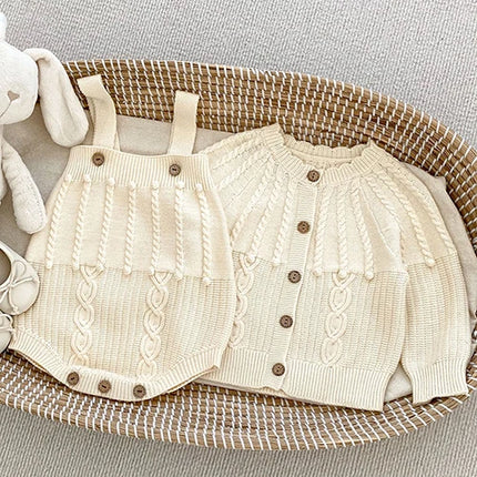Autumn Spring Korean Style Children Knitted Clothing Suit Long Sleeved Solid Color Cardigan+Jumpsuit Infant Baby Clothes Set