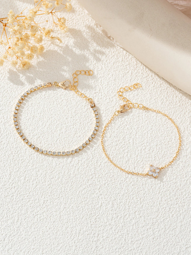 2pcs Simple Cubic Zirconia Flower Water Chain Women's Bracelet Set Daily Office Jewelry