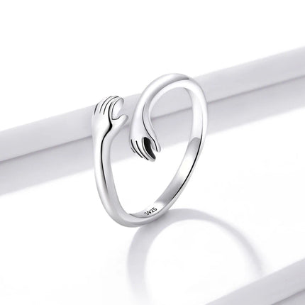 BAMOER 925 Sterling Silver Hug Open Ring Warm Love Hand Adjustable Glossy Ring for Women, His Big Loving Family Party Gift