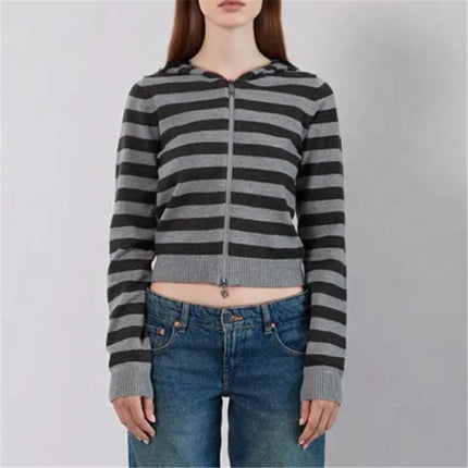 Women Full Zip Up Hoodie Sweatshirt Striped Long Sleeve Zipper Crop Shirt Color Contrast Y2k Hooded Cardigan Jacket