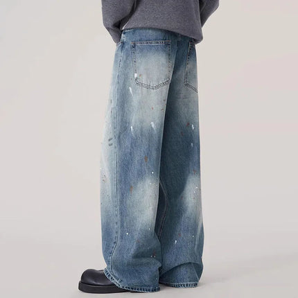 Autumn Korean Splashed Ink Jeans Men'S Straight Leg Pants Fashionable High Street Retro Loose Wide Leg Pants Design Pants