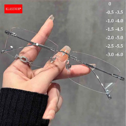 KLASSNUM Women Men Rimless Myopia Glasses Anti-blue Light Metal Frame Spectacles Diopter Minus 0-1.0-1.5-2.0-2.5-3.0-3.5-4.0-6.0