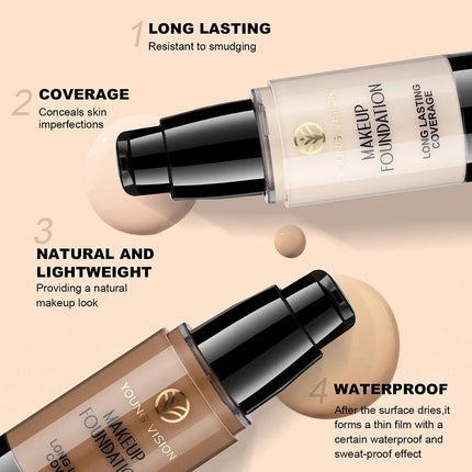 Long-Lasting Waterproof Liquid Foundation with Oil Control & Moisturizing, High Coverage Sweat-Resistant Concealer for Women,