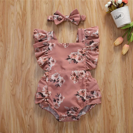 0-24months Baby Girls summer bodysuit Floral Printed Pattern Square Collar Sleeveless infant girls Romper Headdress set