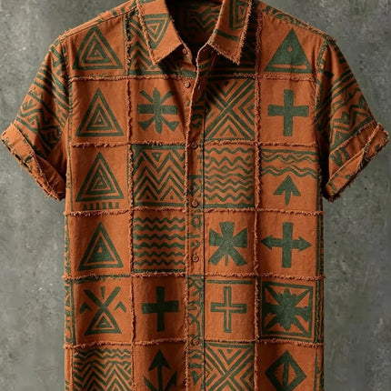 Men's Tribal Portrait Geometric Print Vacation Short Sleeved shirt, For Casual travel, Beach travel, And Ethnic Vacation Style