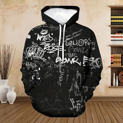 Men's Painted Graffiti Flow Printed Hoodie Casual Trendy Long Sleeve Sports Top Street Men's Colorful Pattern Hoodie Sweatshirt