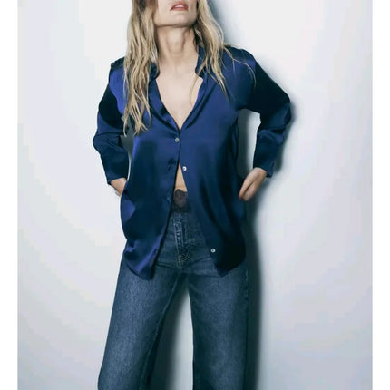 Classic Silk Satin Feel Shirt New Spring Collection Long Sleeve Polyester Fabric Women's Premium Fashion Regular Length