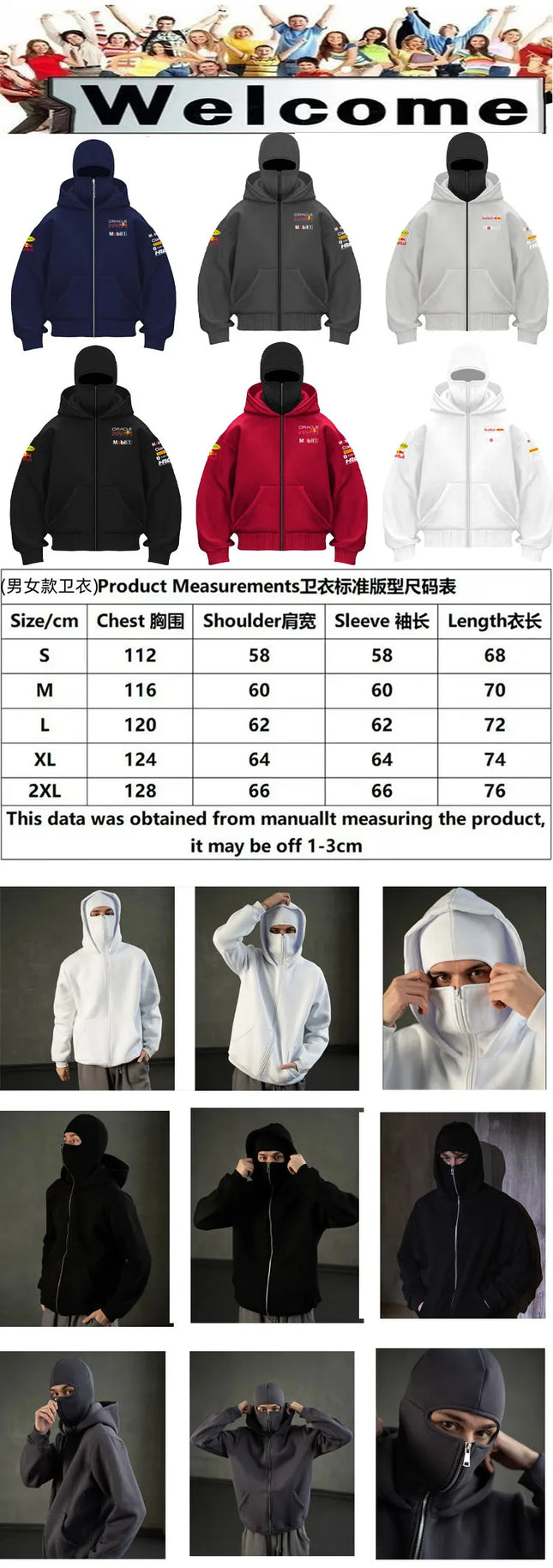 Red Bull Men's Zippered Hooded Sweatshirt Warmth and Casual Sports Wear with Zipper Face Mask Design Sports Jacket Racing Suit