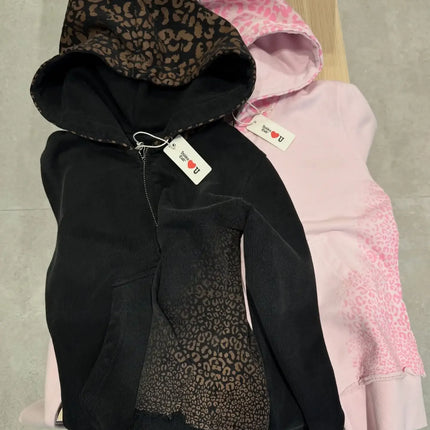 Streetwear Y2k Pink Leopard Print Sports Suit Women Gothic Punk Graffiti Slim Zipper Hoodie Fashion Sexy High Waisted Sweatpants