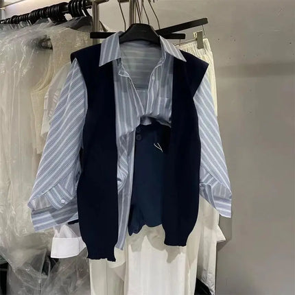 Blue Loose College Style Striped Shirt plus Shawl Two-Piece Set Women Spring Autumn New Versatile High-End Feeling Top