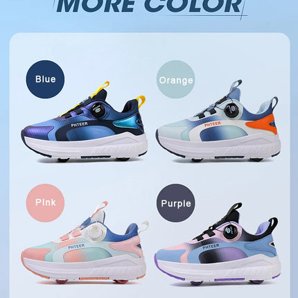 Kids Two Wheels Roller Skating Shoes with Light Magic Stick Walking Shoes, Detachable Wheels Roller Skate Shoes for Teenagers