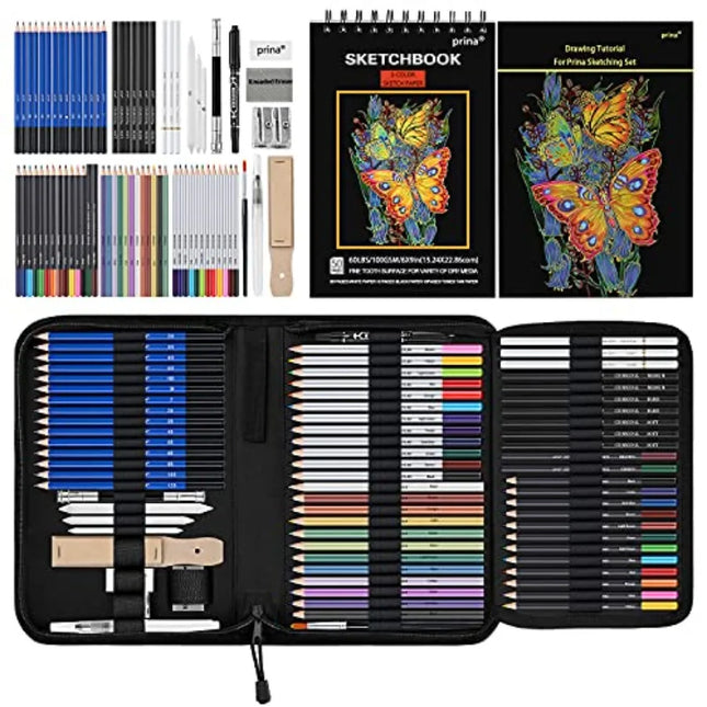 76 Pack Drawing Set Sketching Kit, Pro Art Supplies with 3-Color Sketchbook, Tutorial Included, Colored, Graphite, Charcoal, Wat