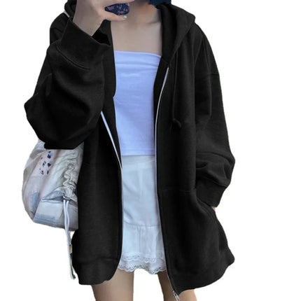 Grey Hooded Sweatshirt Women's Loose-fit Fleece-lined Casual Sports Jacket Spring Autumn Long Sleeve Zip-up Cardigan Top