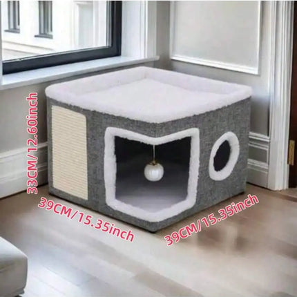 4-Season Multi-Level Cat House: Foldable Indoor Play Cube with 2-Layer Bed, Toy Tunnel, Scratching Board, Climbing Rope, Soft Cushions, and Non-Slip Base - Perfect Cat Cave & Warm Bed for Small to Large Cats (Grey）